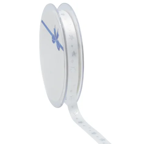 25m reel.webp Little Stars Ribbon; Silver on White